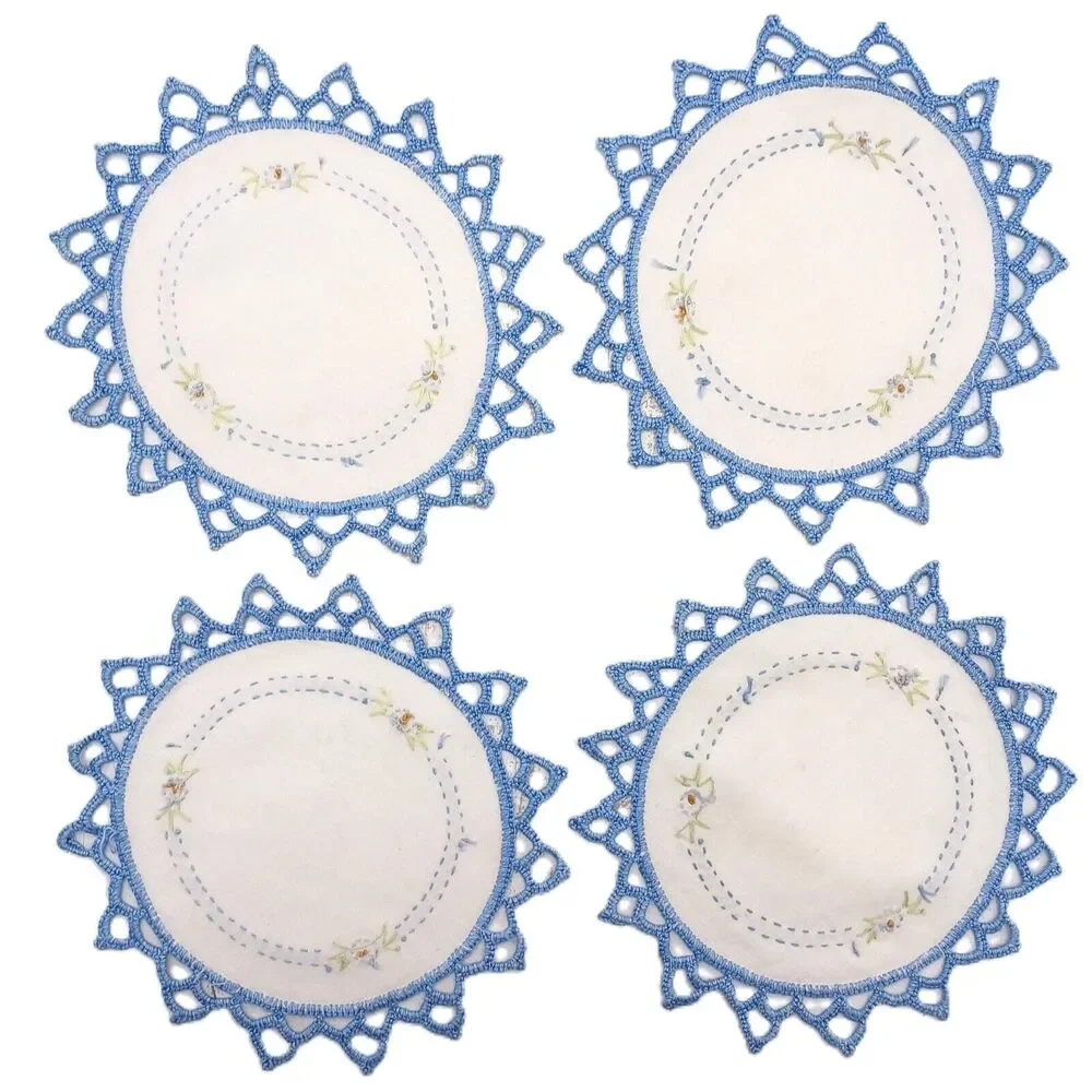 12 PCS Doilies Crochet Round Lace Blue Handmade Table Placemat Cotton Coasters